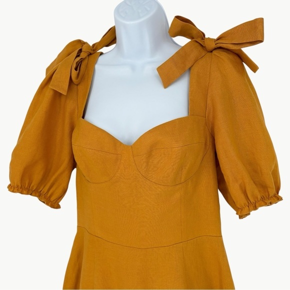 Reformation Spring Bow Linen Corset Mini Dress Size 6 Yellow Puff Sleeve A Line - Picture 5 of 14